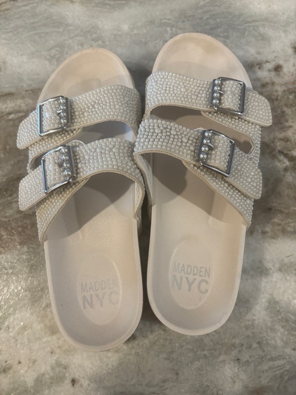 Madden NYC Women's Embellished Cream Double-Buckle Slide Sandals